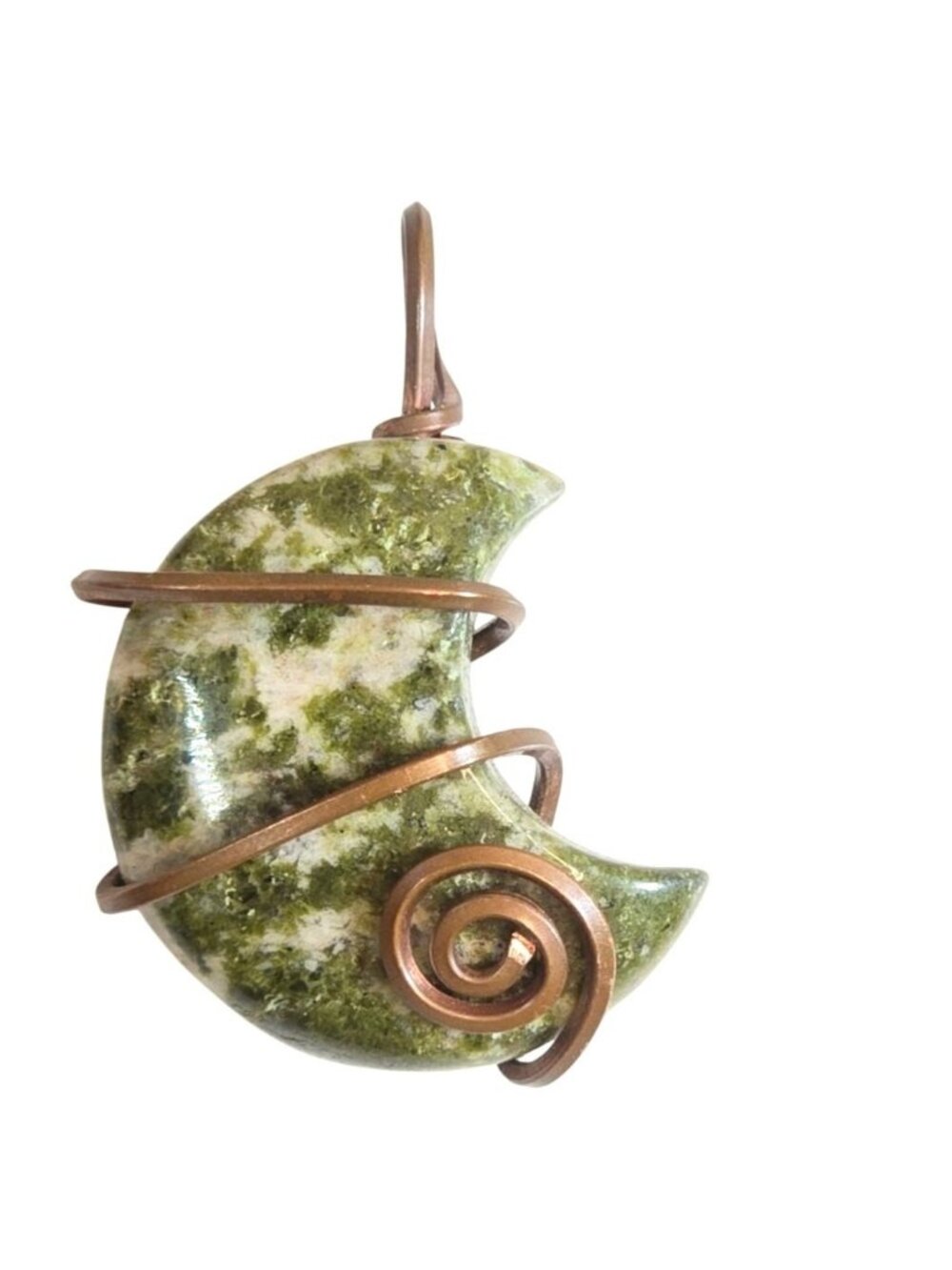 Serpentine Crescent Moon Pendant Copper Wire Wrapped Gemstone Celestial Jewelry